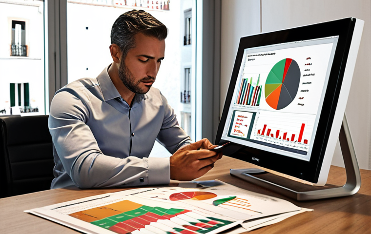 **
A financial analyst meticulously reviewing charts and graphs in a modern Lisbon office. The scene emphasizes data-driven decision making and the importance of financial health for a small restaurant business. Include elements that suggest profitability improvement and cost reduction strategies.
**