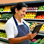 A friendly, middle-aged Portuguese grocery store owner, similar to Dona Fátima, in a clean apron over modest, appropriate everyday work attire. She is smiling gently, looking at a tablet that displays an e-commerce page for her shop, showing fresh, local produce. One hand rests on the tablet, the other near traditional market baskets. The setting is a charming, well-stocked local grocery store interior with colorful fresh fruits, vegetables, and shelves of local products. Soft, natural lighting creates a warm, inviting atmosphere, blending traditional elements with a touch of modern technology. Professional photography, high detail, realistic, perfect anatomy, correct proportions, well-formed hands, natural body proportions, natural pose, safe for work, appropriate content, fully clothed, professional, family-friendly.
