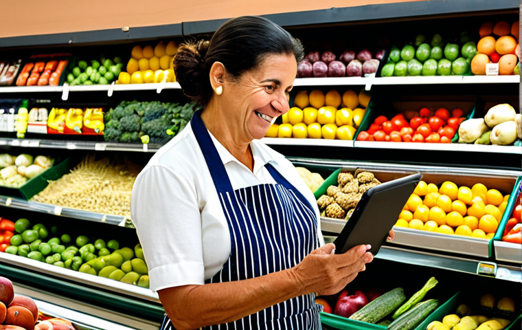 A friendly, middle-aged Portuguese grocery store owner, similar to Dona Fátima, in a clean apron over modest, appropriate everyday work attire. She is smiling gently, looking at a tablet that displays an e-commerce page for her shop, showing fresh, local produce. One hand rests on the tablet, the other near traditional market baskets. The setting is a charming, well-stocked local grocery store interior with colorful fresh fruits, vegetables, and shelves of local products. Soft, natural lighting creates a warm, inviting atmosphere, blending traditional elements with a touch of modern technology. Professional photography, high detail, realistic, perfect anatomy, correct proportions, well-formed hands, natural body proportions, natural pose, safe for work, appropriate content, fully clothed, professional, family-friendly.