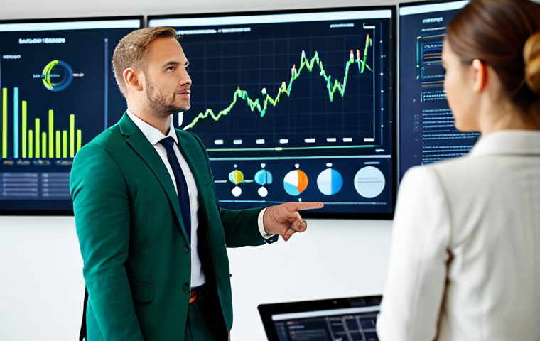 A professional business consultant, fully clothed in a modest business suit, stands confidently in a modern, brightly lit corporate office. They are pointing towards a large digital display showcasing intricate ESG data graphs and a strategic sustainable development roadmap. The background features sleek office furniture and subtle green accents, emphasizing a future-oriented approach to business. The consultant's expression is focused and thoughtful, conveying expertise and vision. safe for work, appropriate content, fully clothed, professional, perfect anatomy, correct proportions, natural pose, well-formed hands, proper finger count, natural body proportions, high-quality, ultra-detailed professional photography.