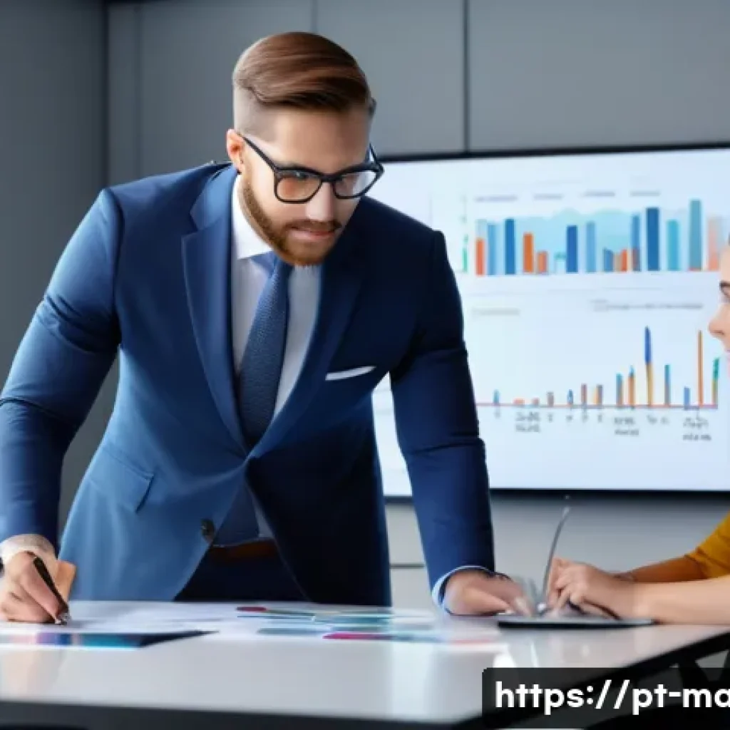 경영지도사와 산업 분석 사례 - A professional business consultant in a modern office environment, dressed in smart business attire,...