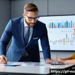 Home 22 경영지도사와 산업 분석 사례 - A professional business consultant in a modern office environment, dressed in smart business attire,...