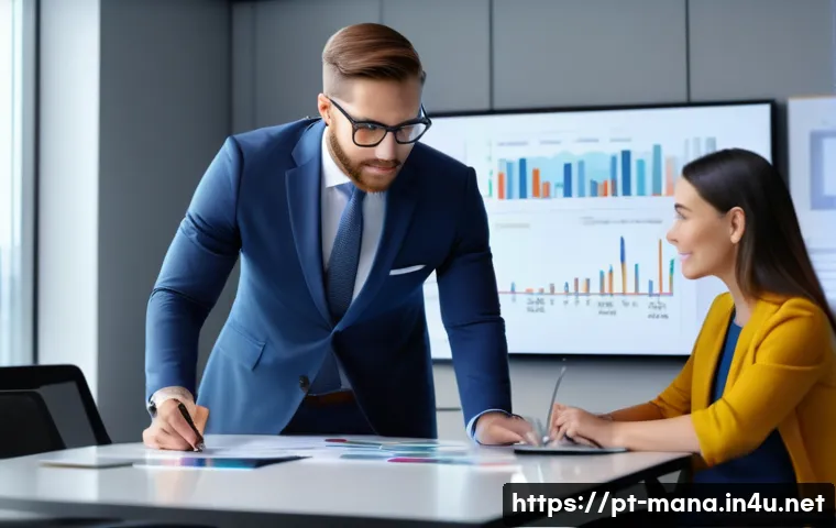 경영지도사와 산업 분석 사례 - A professional business consultant in a modern office environment, dressed in smart business attire,...