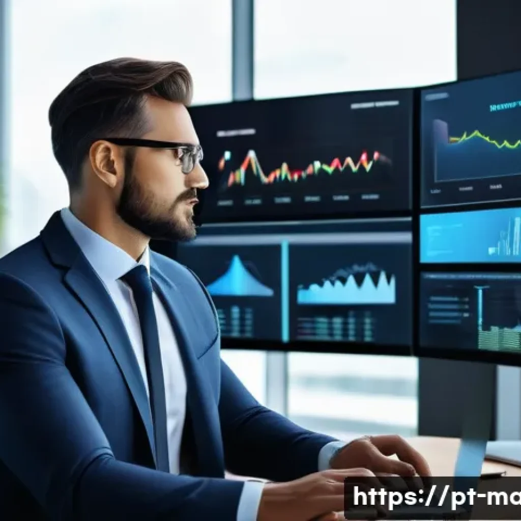 경영지도사와 디지털 전환 사례 - A modern business consultant in a sleek office environment, analyzing digital transformation strateg...