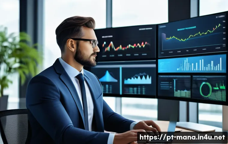 경영지도사와 디지털 전환 사례 - A modern business consultant in a sleek office environment, analyzing digital transformation strateg...