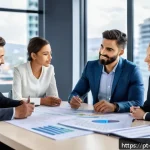 Home 18 경영지도사와 기업 회생 컨설팅 - A modern office scene showing a diverse group of business professionals engaged in a strategic finan...
