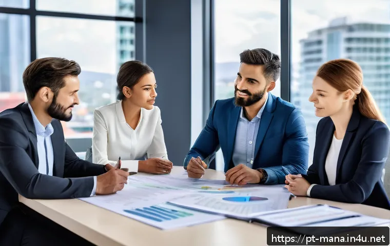 경영지도사와 기업 회생 컨설팅 - A modern office scene showing a diverse group of business professionals engaged in a strategic finan...